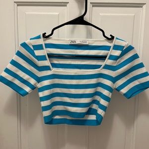 Zara aqua and white knit crop top. Size small